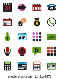 Color and black flat icon set - right arrow vector, calendar, microphone, menu, calculator, phone, home message, money bag