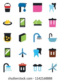 Color and black flat icon set - trash bin vector, shower, bucket, tooth, mobile, blank box, water supply, bathroom, serviette, filter, windmill