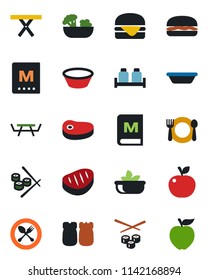 Color and black flat icon set - spoon and fork vector, picnic table, cafe, menu, salad, salt pepper, steak, hamburger, bowl, sushi, apple fruit