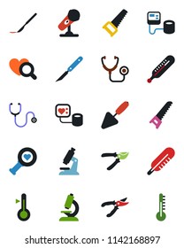 Color and black flat icon set - trowel vector, pruner, saw, stethoscope, blood pressure, thermometer, heart diagnostic, microscope, scalpel, microphone