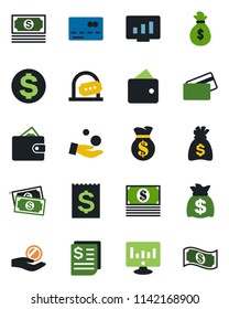 Color and black flat icon set - credit card vector, ticket office, dollar sign, money bag, statistic monitor, cash, receipt, wallet, investment