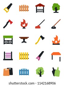 Color and black flat icon set - fence vector, tree, saw, fire, hoe, axe, abacus, table, alcove, cutting board