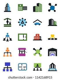 Color and black flat icon set - hierarchy vector, well, molecule, hospital, office building, garage, plan