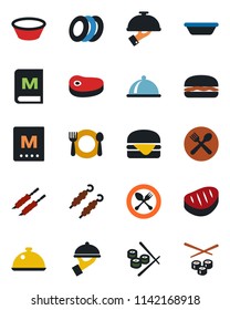 Color and black flat icon set - spoon and fork vector, dish, cafe, menu, plates, waiter, steak, kebab, hamburger, bowl, sushi