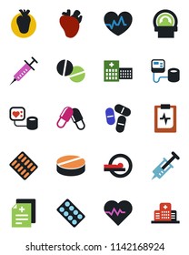 Color and black flat icon set - heart pulse vector, diagnosis, syringe, blood pressure, pills, blister, tomography, real, clipboard, hospital