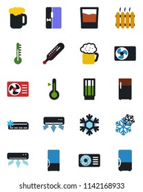 Color and black flat icon set - thermometer vector, heater, air conditioner, fridge, drink, beer, snowflake
