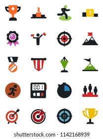 Color and black flat icon set - dispatcher vector, pedestal, pennant, medal, run, stopwatch, target, motivation, award cup