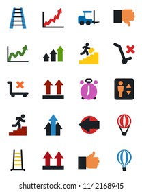 Color and black flat icon set - elevator vector, alarm clock, left arrow, fork loader, ladder, up side sign, no trolley, finger, down, career, graph, growth, air balloon