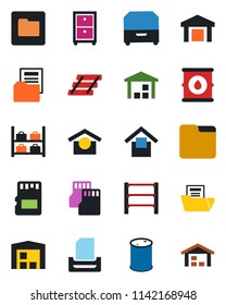 Color and black flat icon set - luggage storage vector, warehouse, oil barrel, rack, sd, folder, document, paper tray, archive box