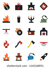 Color and black flat icon set - bomb in case vector, fire, hose, axe, fireplace, flammable, flame disk, candle, sprinkler, rocket