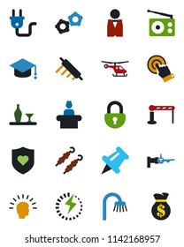 Color and black flat icon set - barrier vector, reception, boarding, helicopter, gear, graduate, heart shield, radio, touch screen, paper pin, lock, charge, bathroom, waiter, alcohol, kebab, rolling