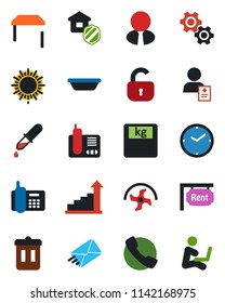 Color and black flat icon set - sun vector, growth statistic, ripper, dropper, scales, patient, office phone, radio, call, clock, rent, estate agent, lock, table, insurance, bowl, gear, trash bin