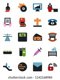Color and black flat icon set - runway vector, escalator, document, seedling, syringe, scales, signpost, sea port, flame disk, themes, mail, network, monitor statistics, book, children room, phone