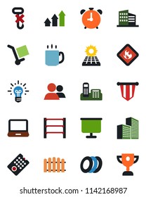 Color and black flat icon set - alarm clock vector, pennant, fence, cargo, no hook, flammable, rack, laptop pc, group, coffee, presentation board, office building, phone, sun panel, plates, idea