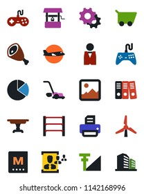 Color and black flat icon set - plane vector, printer, lawn mower, well, rack, gamepad, gallery, settings, cellular signal, pie graph, hr, paper binder, windmill, table, waiter, menu, ham, cart