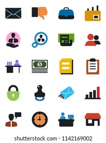 Color and black flat icon set - lock vector, speaking man, mail, document, manager place, cash, client, clock, group, finger down, clipboard, bar graph, news, desk, stamp, consumer search, case