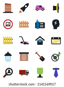 Color and black flat icon set - no laptop vector, brainstorm, job, fence, lawn mower, garden light, office phone, car delivery, term, fragile, warehouse storage, speaker, music, city house, jalousie