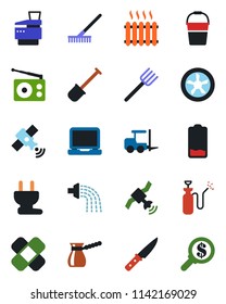 Color and black flat icon set - fork loader vector, shovel, farm, rake, bucket, watering, garden sprayer, patch, radio, satellite, laptop pc, low battery, copier, heater, knife, turkish coffee, fan