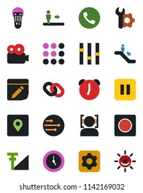 Color and black flat icon set - escalator vector, phone, settings, remote control, chain, pause button, menu, clock, alarm, record, network, notes, place tag, face id, video, cellular signal, led