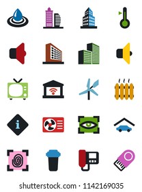 Color and black flat icon set - tv vector, office building, garage, heater, fingerprint, air conditioner, intercome, water, filter, thermometer, sound, gate control, eye scan, windmill, information