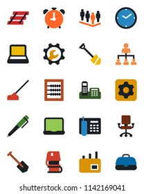Color and black flat icon set - alarm clock vector, hierarchy, team, job, hoe, settings, root setup, abacus, office phone, paper tray, notebook pc, book, pen, mail, chair, case