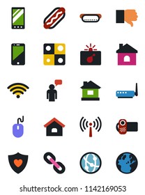 Color and black flat icon set - antenna vector, bomb in case, speaking man, mouse, house, heart shield, video camera, network, cell phone, chain, finger down, mobile, application, wireless, hot dog