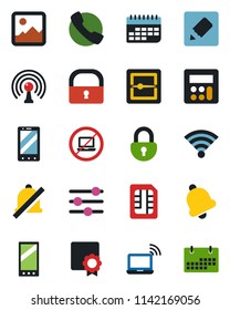 Color and black flat icon set - no laptop vector, wireless notebook, mobile phone, term, antenna, call, gallery, tuning, calculator, bell, scanner, sim, notes, mute, lock, sertificate, calendar
