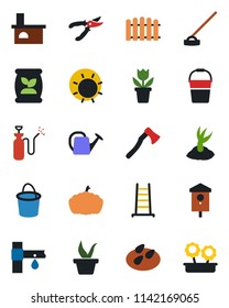 Color and black flat icon set - flower in pot vector, fence, ladder, seedling, watering can, bucket, sproute, pruner, sun, hoe, axe, pumpkin, fireplace, seeds, bird house, garden sprayer, fertilizer