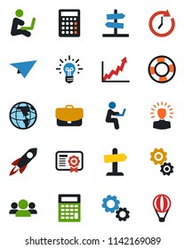 Color and black flat icon set - group vector, gear, shining head, rocket, clock, earth, growth graph, idea, case, calculator, paper plane, crisis management, certificate, man with notebook