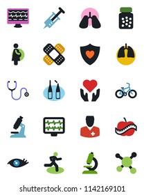 Color and black flat icon set - monitor pulse vector, stethoscope, syringe, microscope, pills bottle, ampoule, patch, bike, run, heart shield, hand, lungs, eye, diet, doctor, pregnancy, molecule