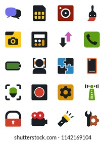 Color and black flat icon set - antenna vector, phone back, call, message, mobile camera, settings, themes, calculator, record, sim, data exchange, torch, lock, face id, video, photo gallery