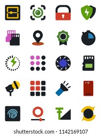 Color and black flat icon set - microphone vector, phone back, menu, mobile camera, protect, stopwatch, scanner, sd, torch, brightness, place tag, lock, eye id, fingerprint, cellular signal, charge