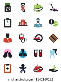 Color and black flat icon set - baby vector, lawn mower, blood test vial, dropper, pills, bottle, blister, tomography, lungs, tooth, pulse clipboard, diet, hospital, doctor, client, no hook