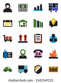 Color and black flat icon set - pin vector, cash, office phone, 24 hours, support, client, mobile tracking, car delivery, term, consolidated cargo, clipboard, up side sign, warehouse, sorting