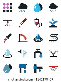 Color and black flat icon set - crisis graph vector, watering, water drop, rain, drip irrigation, dropper, menu, supply, sprinkler