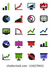 Color and black flat icon set - growth statistic vector, presentation board, crisis graph, circle chart, monitor pulse, statistics, bar, pie, point