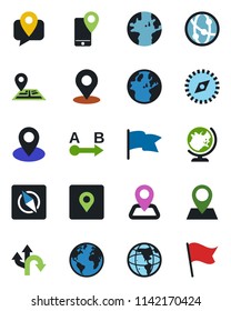 Color and black flat icon set - globe vector, route, navigation, earth, pin, mobile tracking, network, place tag, compass, flag
