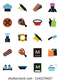 Color and black flat icon set - cook vector, cafe, hat, menu, bacon, salt and pepper, ham, bowl, rolling pin, cutting board, knife, steaming pan