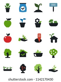 Color and black flat icon set - flower in pot vector, seedling, tree, sproute, plant label, fertilizer, fruit, salad, apple, eco house, palm