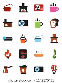 Color and black flat icon set - hot cup vector, coffee, fire, fireplace, air conditioner, bread, steaming pan, turkish, water heater, thermometer, balloon