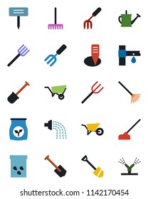 Color and black flat icon set - job vector, garden fork, shovel, farm, rake, watering can, wheelbarrow, hoe, plant label, seeds, fertilizer, drip irrigation