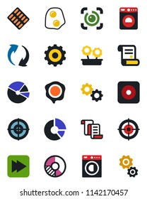 Color and black flat icon set - washer vector, gear, contract, circle chart, stamp, pills blister, fast forward, rec button, update, eye id, pie graph, target, flower in pot, omelette