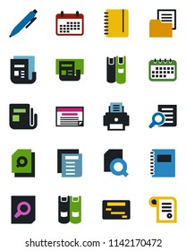 Color and black flat icon set - book vector, document search, pen, notepad, folder, news, copybook, printer, calendar, schedule, contract