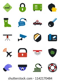 Color and black flat icon set - plane radar vector, smoking place, alarm car, safe, glove, boot, hose, shield, lock, key, intercome, home protect, surveillance, sprinkler, crisis management