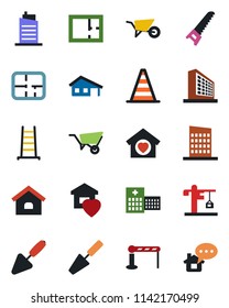 Color and black flat icon set - barrier vector, border cone, office building, trowel, ladder, wheelbarrow, saw, hospital, house, with garage, plan, sweet home, city, crane, message