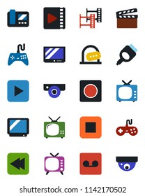 Color and black flat icon set - ticket office vector, clapboard, film frame, tv, gamepad, play button, stop, rewind, hdmi, record, video, web camera, intercome, surveillance