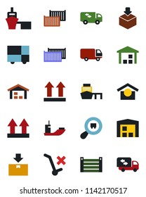Color and black flat icon set - sea shipping vector, cargo container, car delivery, port, consolidated, warehouse storage, up side sign, no trolley, package, search, moving