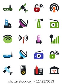Color and black flat icon set - antenna vector, satellite, office phone, radio, remote control, wireless, cellular signal, lock, router, garage gate