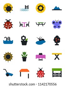 Color and black flat icon set - cafe vector, sun, flower in pot, lawn mower, butterfly, lady bug, pond, picnic table, pool, fruit tree, mountains, restaurant, alcove