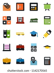 Color and black flat icon set - airport bus vector, checkroom, book, calculator, graduate, abacus, presentation board, case, paper clip, pencil, stapler